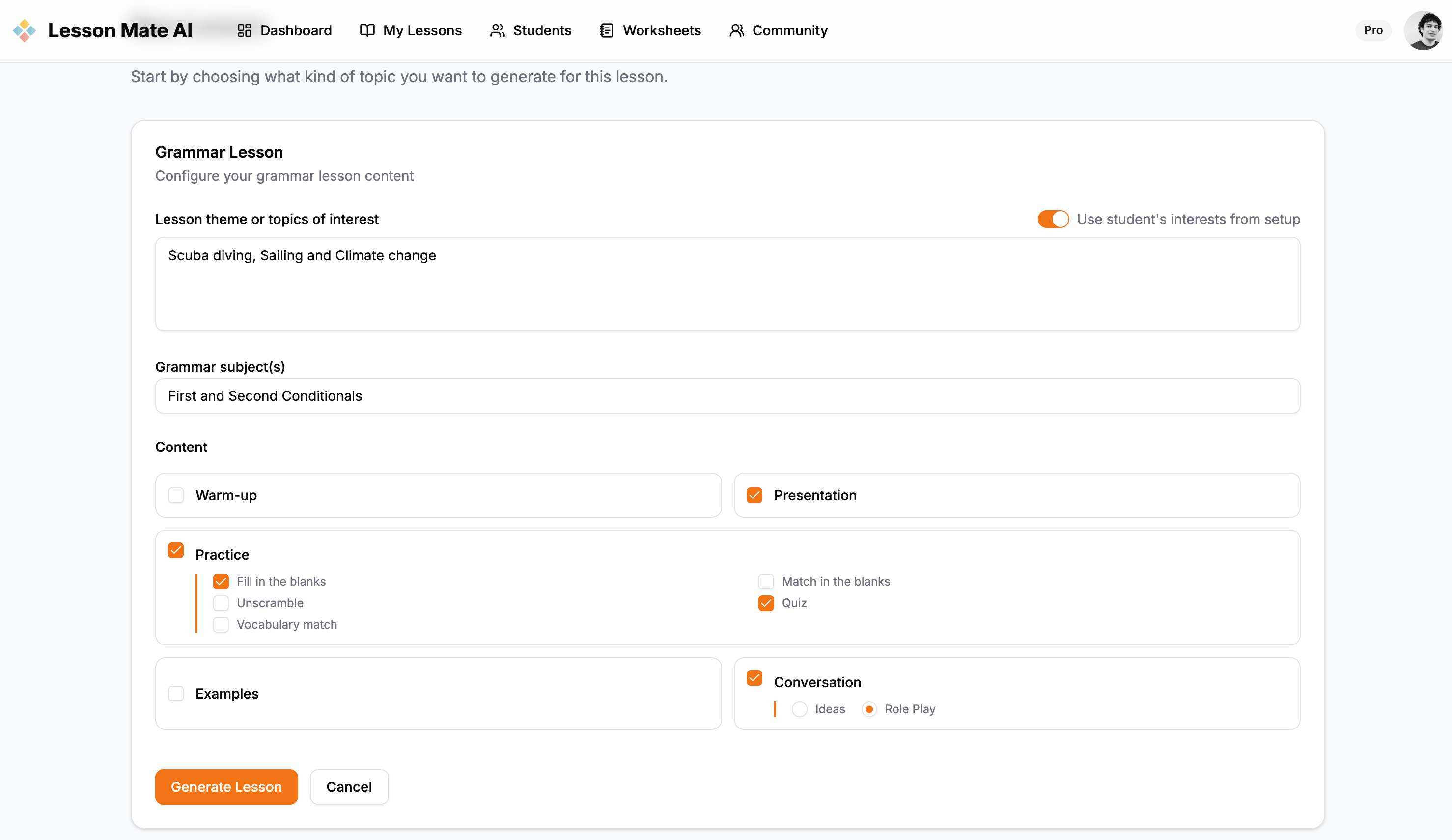 Lesson generation form with content and activity options