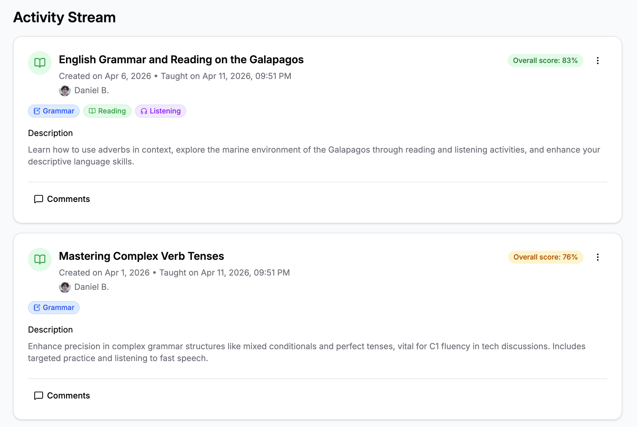 Student activity stream with lesson history, scores, and notes