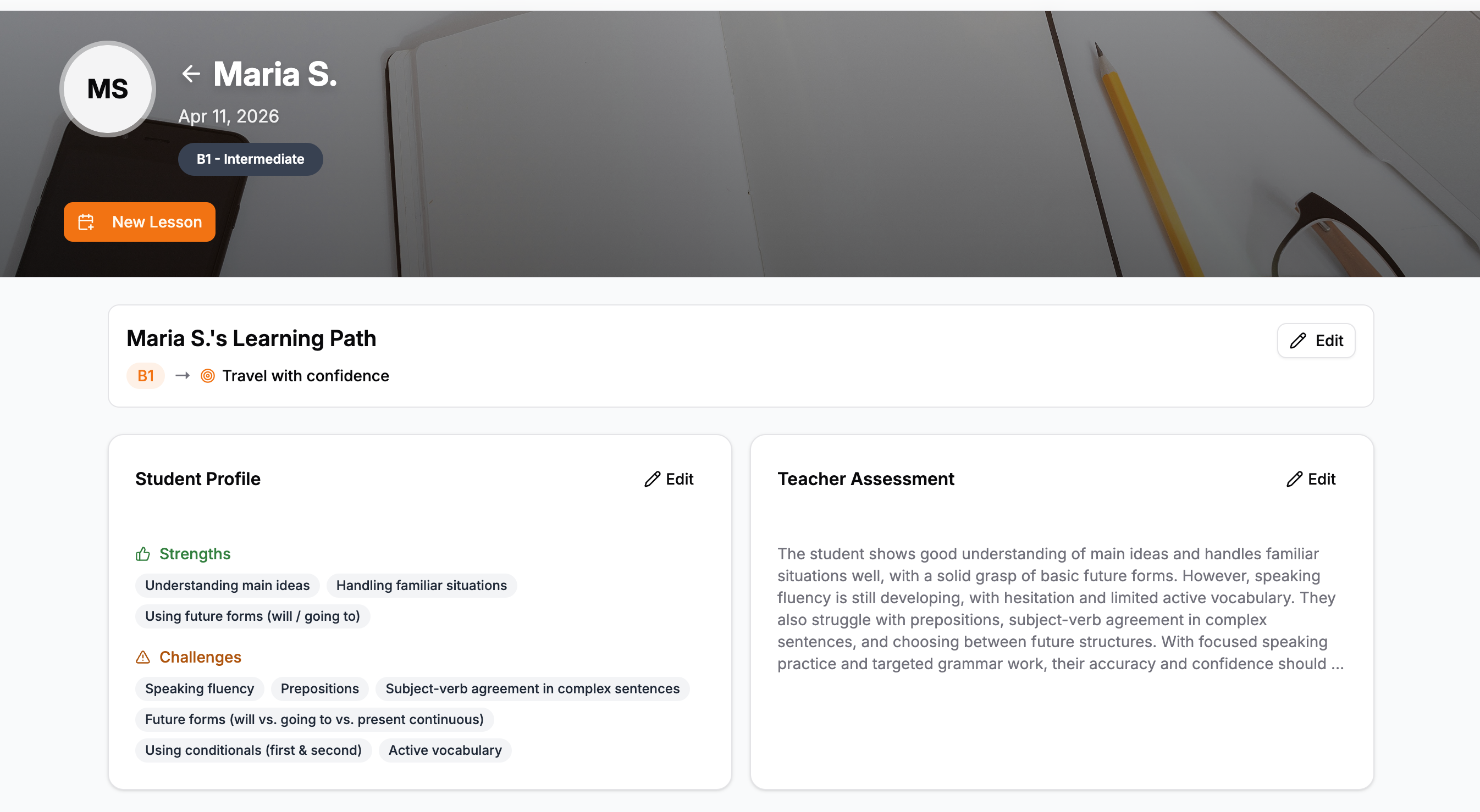 Student profile with level, interests, strengths and challenges
