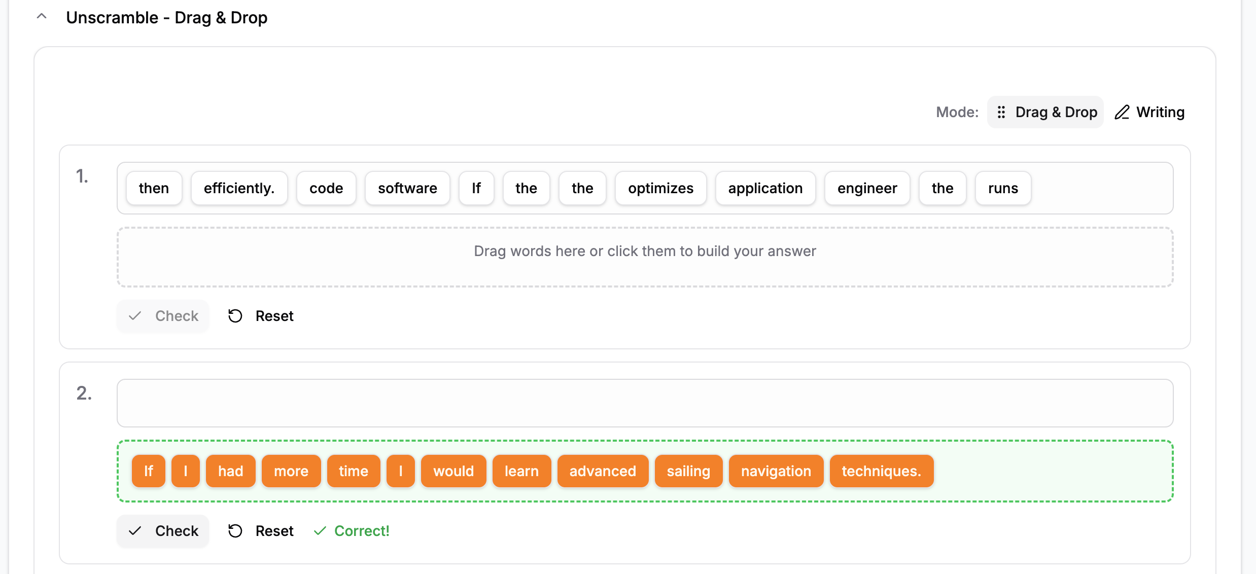 Unscramble drag-and-drop activity with word bank and sentence building