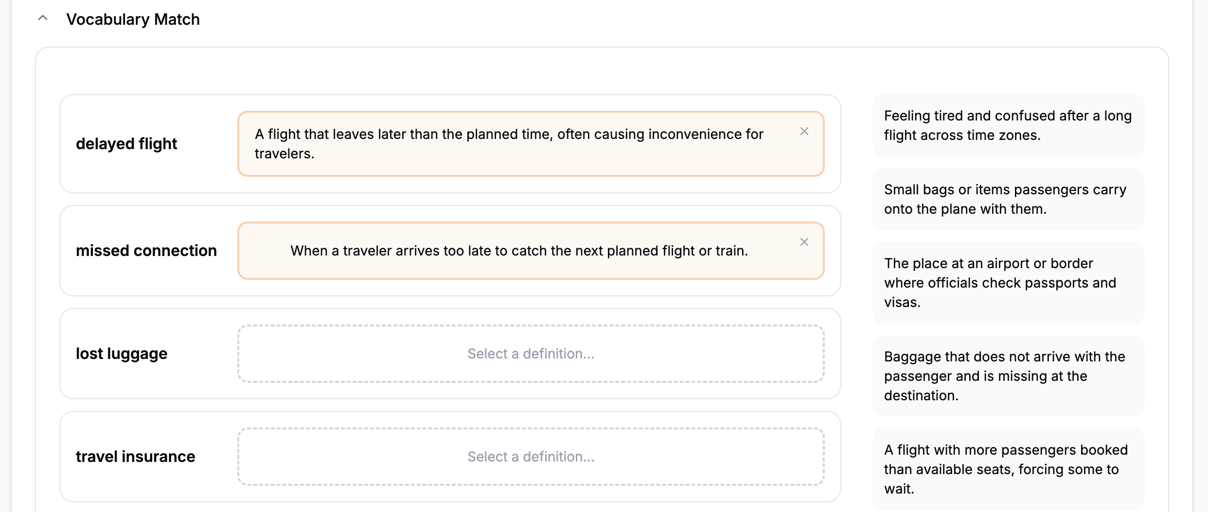 Vocabulary matching exercise with terms and definitions